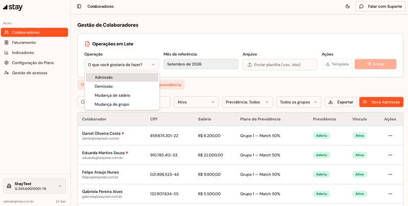 Tela de Colaboradores do Portal RH da Stay